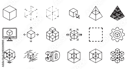 Isometric graphic design elements featuring 3D cubes, pyramids, arrows, screen display, and gears on white background for illustration or graphic art.