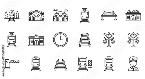 A Comprehensive Collection of Railway and Transportation Icons Representing Various Aspects of Rail Travel and Infrastructure