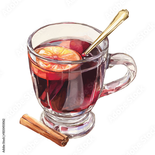 Mulled Wine illustrated in isometric watercolor style, isolated on white.