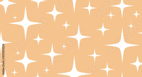 Elegant and playful seamless pattern featuring bright white four-pointed stars and subtle sparkles scattered across a soft peach background.