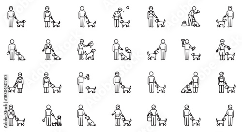 Diverse Black and White Stick Figure Icons Depicting People Interacting with Dogs in Various Scenarios and Activities