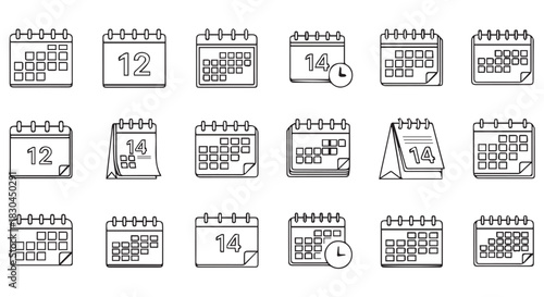 Collection of Stylized Calendar Icons Representing Dates 12 and 14, Along with Schedules and Reminders in a Minimalist Design