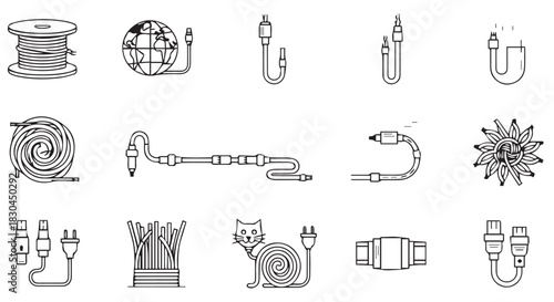 Assorted cable and connection icon set featuring coiled cables, wire spools, electrical cords, adapters, and a world connected by power cords
