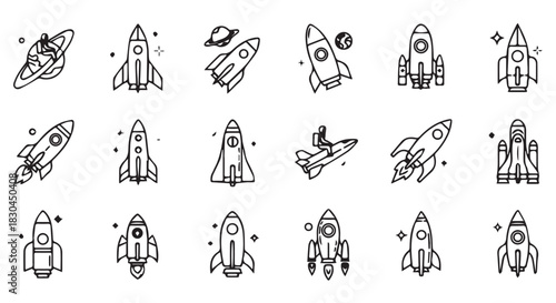 Set of minimalistic outline style space rockets, planets, and shuttles, symbolizing exploration, dreams, and aspirations in space