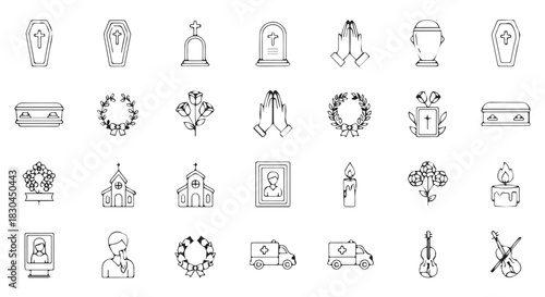 Set of hand drawn funeral and death related icon collection in doodle style outline black and white art