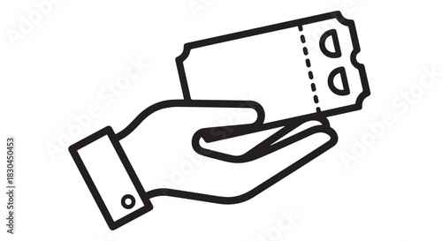 A graphic representation of a hand holding a ticket, in black and white, signifying admittance or entry to an event.