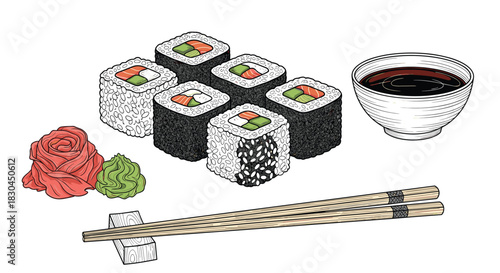Colorful illustration of assorted sushi rolls featuring salmon and avocado, served with soy sauce, pickled ginger, wasabi, and chopsticks.