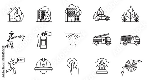 Outline Icon Set Representing Fire Safety and Emergency Response Equipment, Personnel, and Scenarios in a Simple and Clear Style