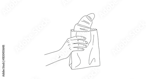 Hand holding a paper bag with a freshly baked croissant, representing a quick breakfast or a bakery takeaway in a simple line art style.