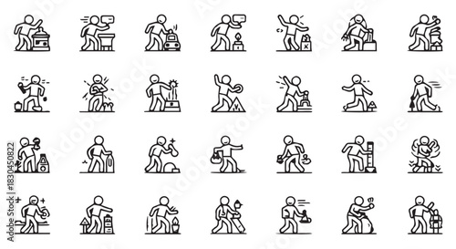 Collection of pictograms depicting various activities, hobbies, and occupations, showcasing a diversity of human endeavors in simple black and white icons