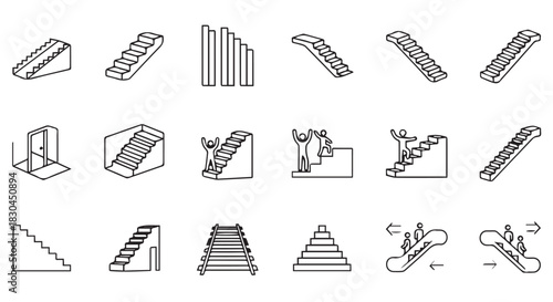 Conceptual Iconographic Illustration of Stairs, Escalators, Ladders, and Level Progression for Success and Building Access on an Isolated White Background