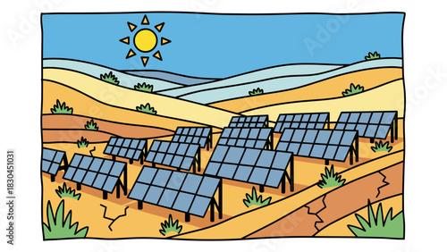 Solar panels installed in desert landscape under sunny sky  