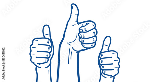 Three blue outlined thumbs up gesture hands on white background symbolizing approval, agreement, positivity, and encouragement