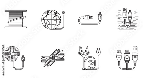 Line art illustration with symbols related to communication, electricity, information, technology and animals, all in black and white