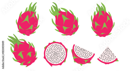 Vibrant illustrations of whole and sliced pink dragon fruit with white flesh and black seeds, displayed against a clean white background.