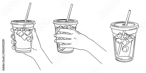 線画のコールドドリンクカップを持つ手（アイスコーヒー・テイクアウト）,カフェ,氷,ストロー,冷たい飲み物,シンプル,ベクター