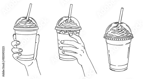 線画のホイップクリーム付きデザートドリンクを持つ手,フラペチーノ,スムージー,カフェ,テイクアウト,甘い飲み物,シンプル,ベクター