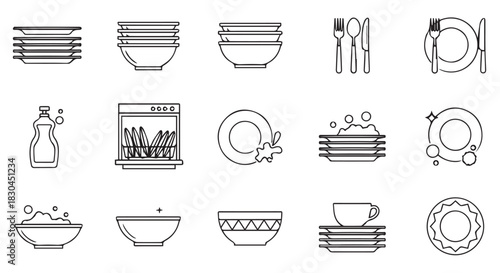 Collection of minimalistic line art representations of dishes, utensils, cleaning supplies, and a dishwasher, showcasing different aspects of cleanliness