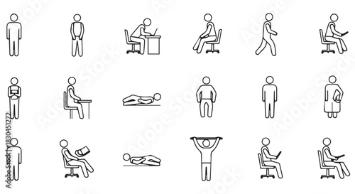 Illustrative depiction of various human poses, activities, and actions using simple stick figures for design, education, or informational purposes