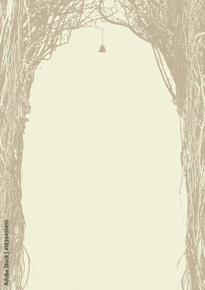 Naklejka premium Vector frame with a realistic tree, banyan, or ficus with roots and branches in a gothic or grunge style. Space for inscription. Magical, fairytale, and mystical. Halloween party poster. No ai