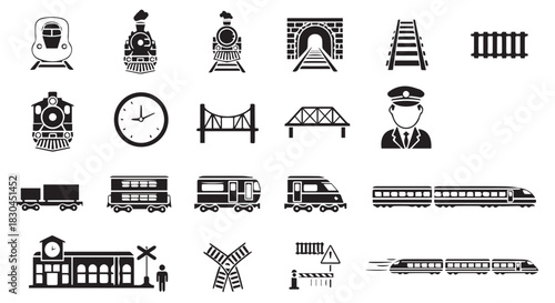 Black and white set of icons depicting various types of trains, train tracks, and train infrastructure elements