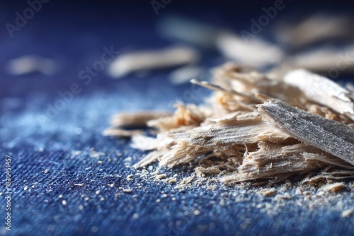 Closeup Wood Shavings On Dark Blue Fabric