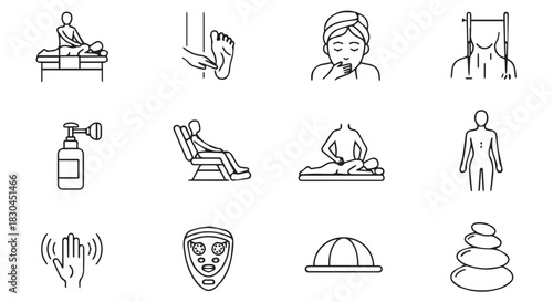 Collection of different beauty and wellness icons, including massage, skincare, spa treatments, and relaxation elements, various therapies depicted