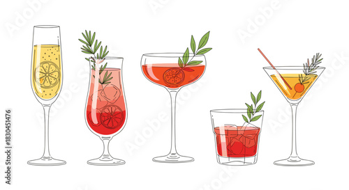 A vibrant collection of five diverse alcoholic cocktails, each beautifully garnished in distinct glasses, perfect for celebrations and social gatherings.