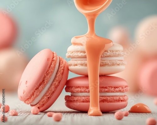 Stacked Pink Macarons Drizzled With Orange Sauce