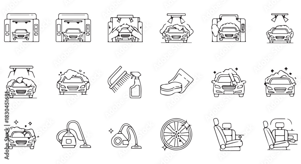 Fototapeta premium Set of Car Wash Outline Icons Including Exterior Cleaning, Interior Detailing, Equipment, and Services for Vehicle Maintenance and Care