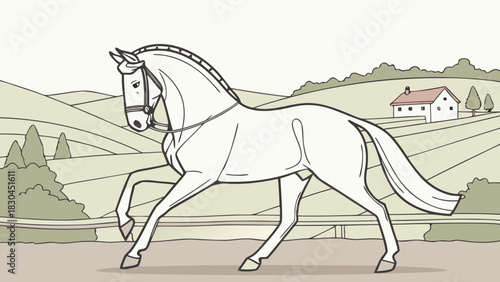 Illustration of a white horse trotting in a field with a house and trees in the background scene view