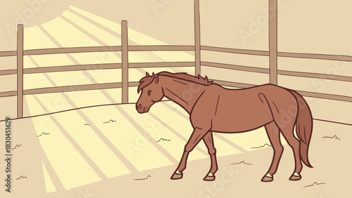 Illustration of a brown horse walking in a paddock with a wooden fence under a sunny sky outdoors