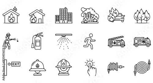 Emergency Services Icon Set Featuring Firefighter, Buildings on Fire, Fire Trucks, Safety Equipment, and Egress, Evacuation Signs