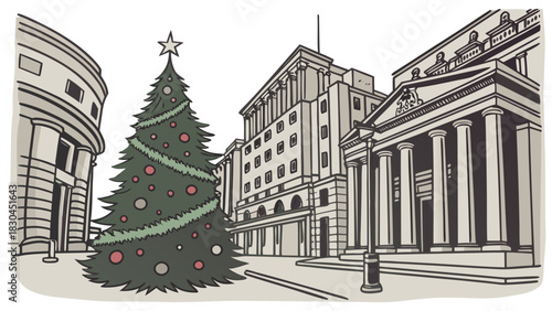 Christmas tree in city street with buildings in the background holiday season festive decoration scene drawing