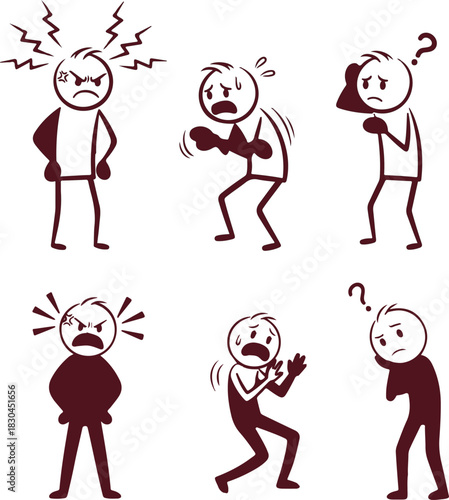 Stick figures expressing various negative emotions and feelings illustration
