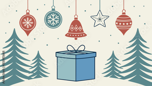 A festive christmas scene with ornaments, trees, a gift, and falling snow for the holiday season