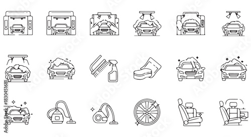Set of Car Wash Outline Icons Including Exterior Cleaning, Interior Detailing, Equipment, and Services for Vehicle Maintenance and Care