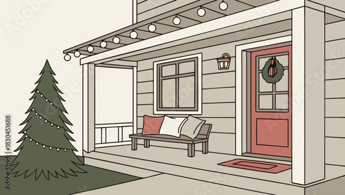 A house decorated for christmas with a tree and lights and a wreath on the front door outside view