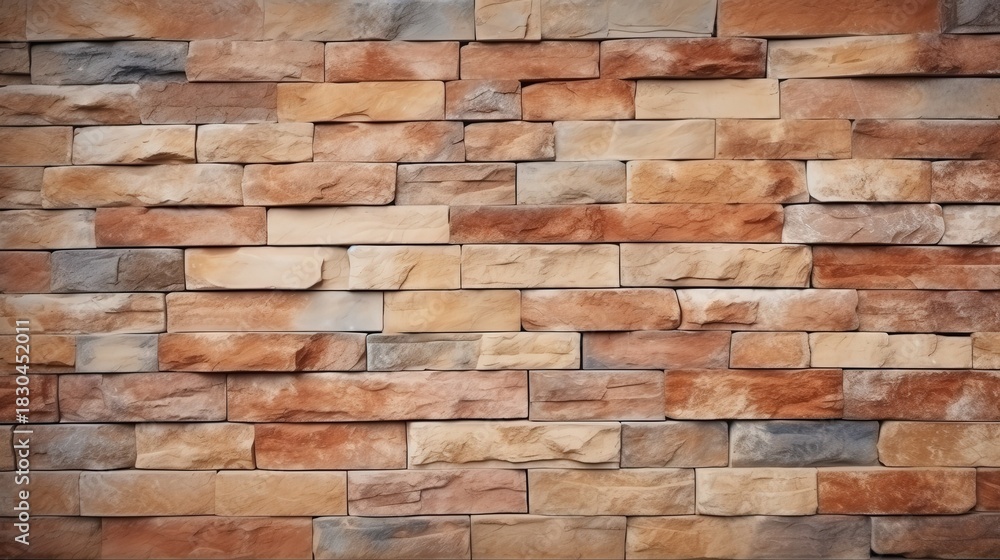 Fototapeta premium A textured wall made of various shades of stone bricks, showcasing a rustic and natural appearance.