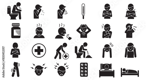 Various black pictograms depict different symptoms of illness and medical treatments or health related concepts in a graphic design