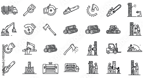 Collection of forestry equipment and woodworking icons, showing various tools and machinery used for logging and timber processing