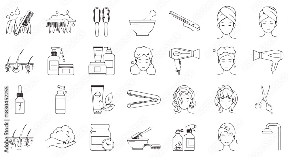 Fototapeta premium Various hair care and beauty product icons in black and white line art, depicting a holistic beauty routine