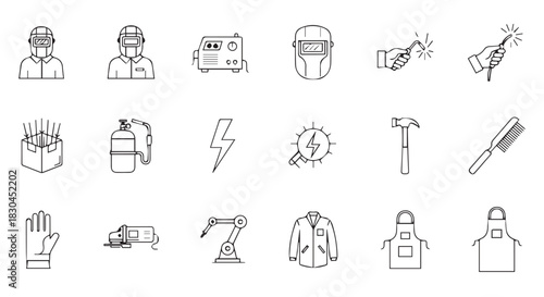 Line art icon set with welding equipment, tools, and protective gear for a factory, construction, or industrial setting