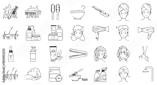 Various hair care and beauty product icons in black and white line art, depicting a holistic beauty routine