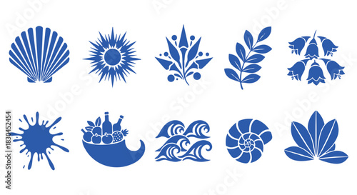 Navy Blue Icon Collection on White Backdrop Seashell, Sun, Leaf, Branch, Flowers, Ink Splash, Cornucopia, Waves, Nautilus, Lotus