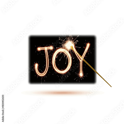Sparkler spelling out the word JOY on a black background with a white border, festive and celebratory