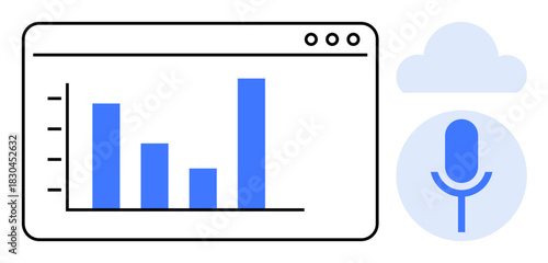 Blue bar chart displayed on a browser window, microphone icon, and cloud graphic. Ideal for voice technology, data analytics, cloud solutions, app UI, productivity tools, machine learning simple