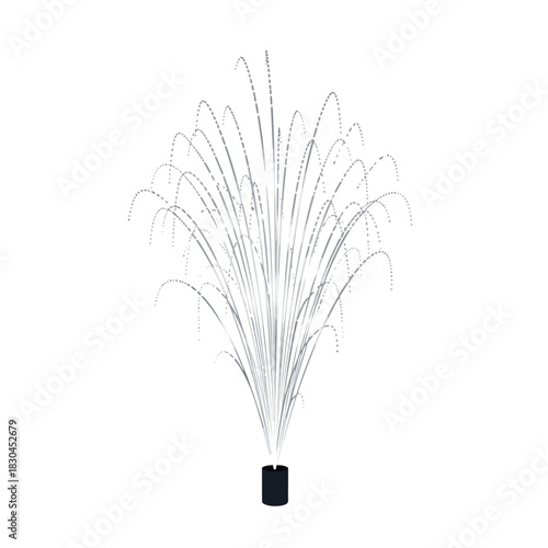 Stylized grayscale firework fountain erupting in a shower of light on a white background