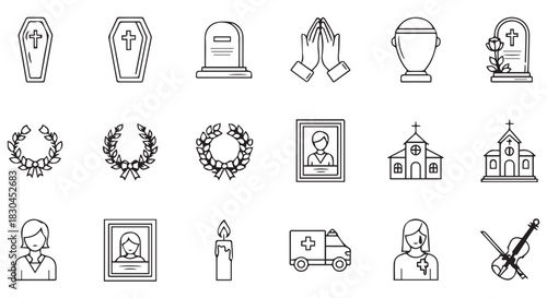 Outline Icon Set Representing Bereavement, Mourning, Loss, Burial, Remembrance, Religious Grief, Funerals and Services for the Deceased with Sensitivity and Grace