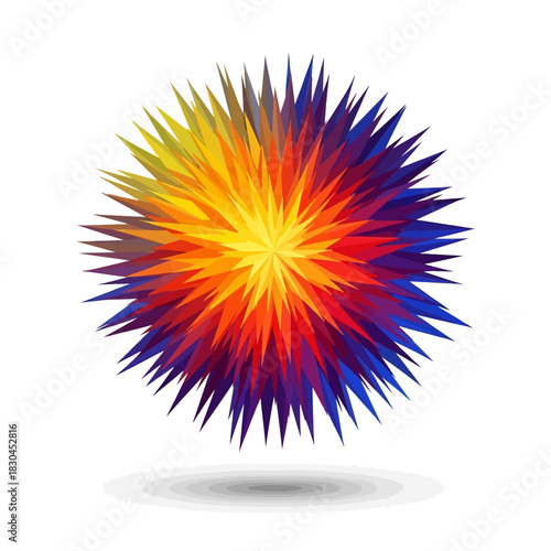 Colorful abstract spiky sphere exploding with vibrant energy and a glowing core